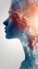 Cosmic Double Exposure of Woman's Silhouette with Starry Nebula