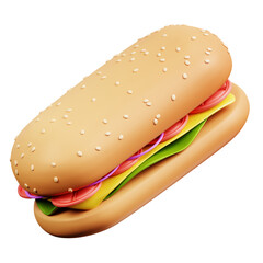 A Delicious Long Sandwich With Sesame Seed Bun Layered With Fresh Lettuce Tomato Cheese And Onion On A Transparent Background