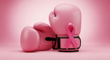 Pink boxing gloves with pink ribbon symbolizing breast cancer awareness fight