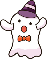 Cartoon ghost wearing a purple witch hat and bow tie