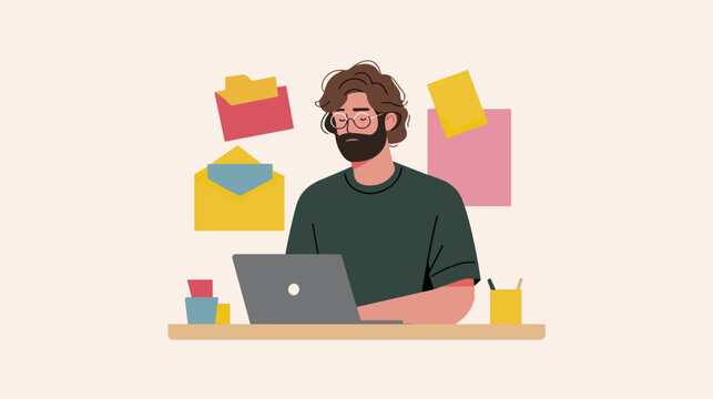 Man working on laptop with stationary office supplies and floating stationary