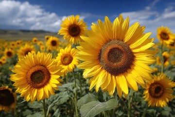 Fototapeta premium Sunflowers in a Field Reaching for the Clear Blue Sky