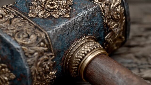 Close up of an ornate metal hammer with detailed decorative patterns