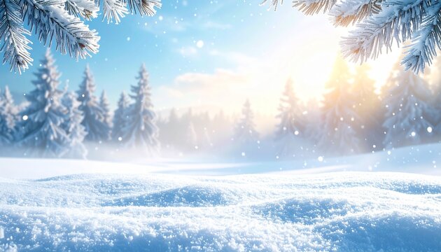 Snow covered tree branches in a winter forest create a blurry close up photo with a copy space image Perfect for a Christmas background