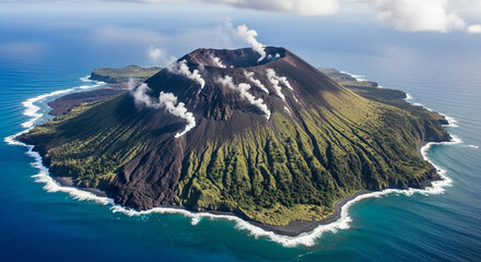Aerial view of anak krakatau volcano in indonesia, showing the volcanic island with its crater and surrounding ocean, natural landscape, travel destination