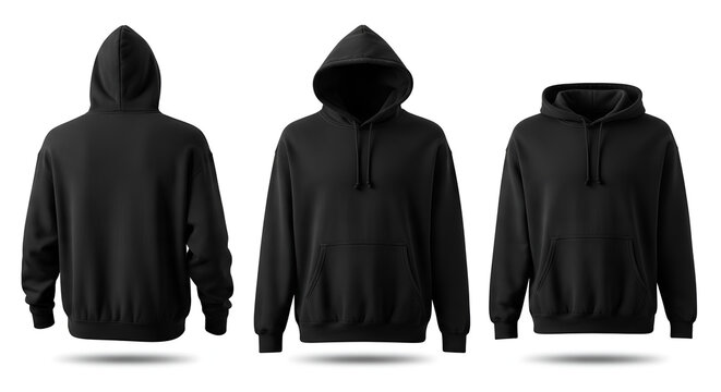 Collection of blank black hoodie mockups shown from front and back views. Realistic unisex pullover sweatshirt template for apparel design
