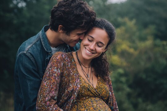 Young couple hugs outdoors with pregnant woman - Powered by Adobe
