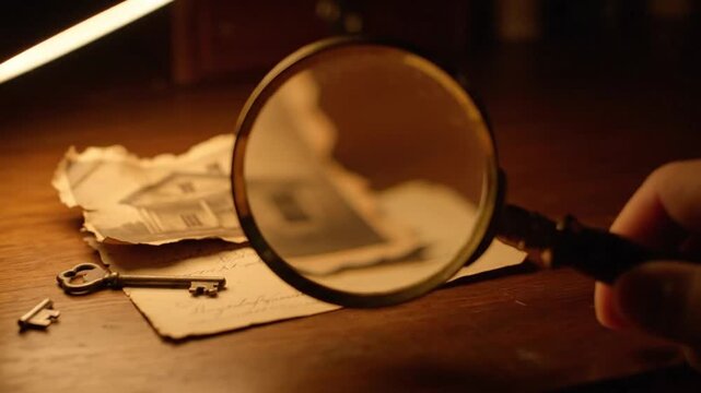 Antique magnifying glass reveals details on vintage photo with old keys on wooden desk