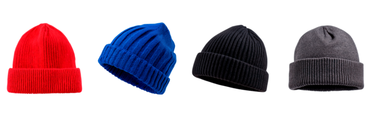 Variety of colorful knit beanies on transparent background for fashion and design inspiration