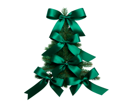 Elegant christmas tree design with green ribbon bows on transparent background