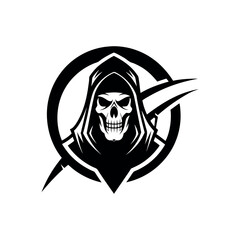 Grim reaper skull logo with scythe in circle