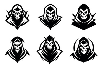 Six stylized grim reaper skull emblems for gaming and design