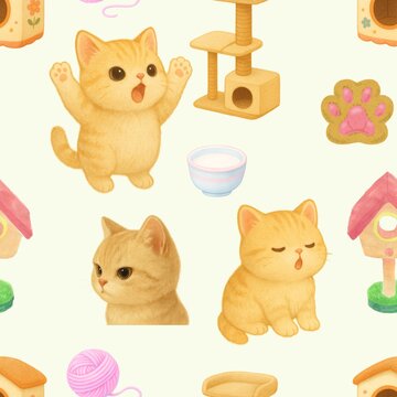 Cute orange kitten seamless pattern with cat toys and accessories, kawaii cozy pet illustration