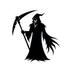 Grim reaper silhouette with scythe ready to strike