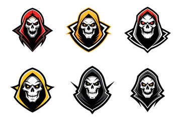 Collection of six grim reaper skull emblems with hoods