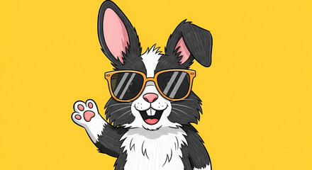 Cool Bunny Waving A Stylish Rabbit with Sunglasses on a Sunny Yellow Background