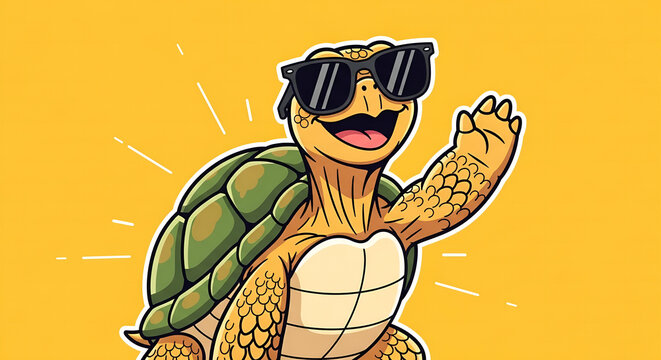 Illustration of a cool and friendly cartoon turtle character with sunglasses, happily waving against a vibrant yellow background, exuding a positive summer vibe