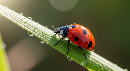 Obraz premium Closeup of a ladybug with water droplets on a blade of grass in the morning sun, creating a beautiful and serene nature scene in the garden