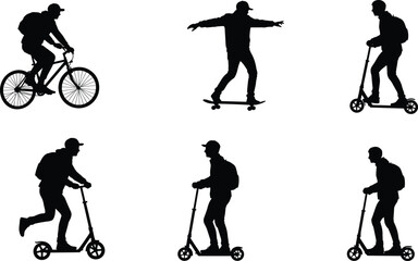 Urban transportation silhouette illustration, bicycle skateboard scooter riders, eco-friendly commuting design, personal mobility concept art, active lifestyle graphic, modern city travel scene