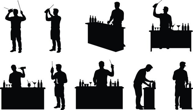 Bartender silhouette illustration, cocktail shaker action, bar counter service, drink pouring design, mixology concept art, nightlife beverage preparation, hospitality training graphic, 
