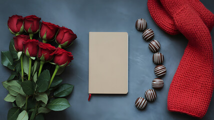 Romantic roses with chocolates and cozy scarf near journal offer a heartfelt message space