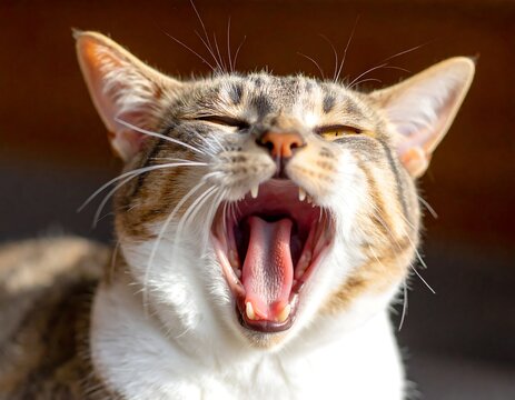 Yawning tabby cat close-up