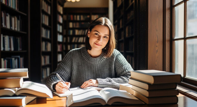 A young woman is studying in a library, surrounded by books, writing in a notebook, and enjoying the sunlight streaming through the window, creating a cozy atmosphere