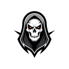 Grim reaper skull with fiery red eyes and hood