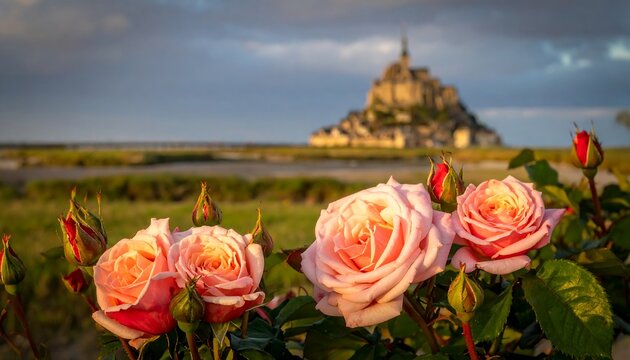 Pink roses in foreground with blurred medieval castle on the horizon