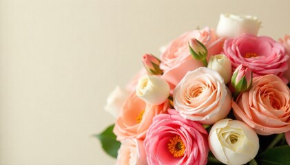 Obraz premium Artisan Bridal Bouquet with Silk Ribbons, Featuring Peonies, Roses, and Eucalyptus on a Textured Surface A close up, overhead view of an exquisite bridal bouquet. The arrangement features lush