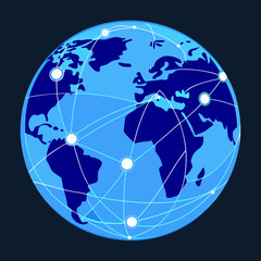 The global map showing shipping routes network in blue color