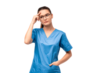 Thoughtful nurse in blue scrubs contemplating healthcare decisions