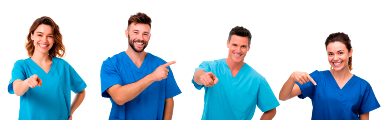 Happy medical team in uniforms pointing and smiling at camera