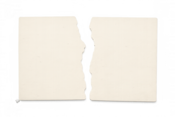 Ripped paper note pieces separating, showing breakup, divorce, or disagreement concept on transparent background