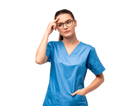 Thoughtful nurse in blue scrubs contemplating healthcare decisions