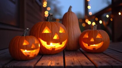 Glowing jack-o'-lanterns illuminate a wooden porch at dusk on Halloween night - Powered by Adobe