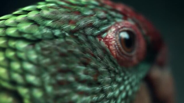 Close up of colorful parrot eye detailed feathers and beak