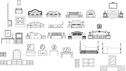 A large collection of black and white line art illustrations of bedroom furniture, including various bed styles, dressers, and vanities