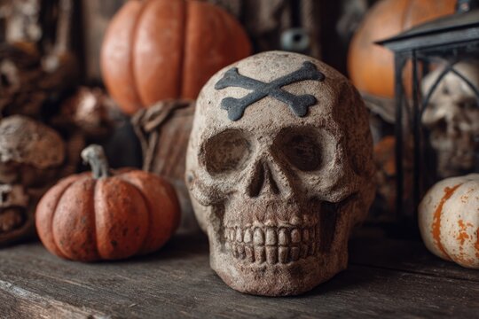 Halloween monster skull and crossbones with pumpkin, spooky october horror background