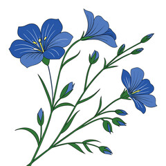 Striking Flax Flower Bloom Presentation. Showcasing Blue Flowers with Bright Yellow Accents and Lush Green Leaves, Against a Transparent Setting, Delicate Blossom Artwork.