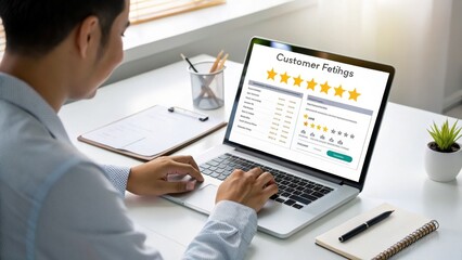 Person analyzing customer feedback on laptop for ecommerce