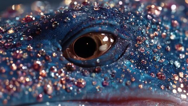 Close up of colorful reptile eye detail with droplets in macro