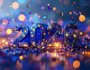 Festive anticipation for the year 2026, featuring a symbolic flag design, shimmering confetti, and bright bokeh lights.