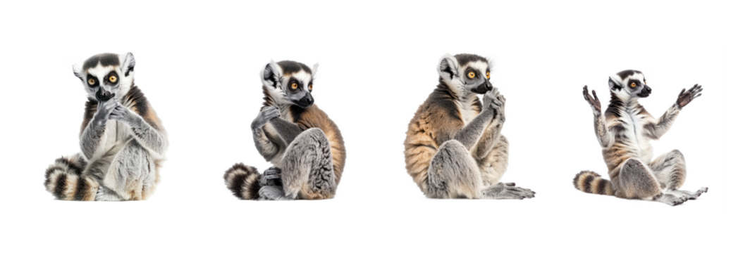 Collection of Lemur grooming Uses its hands to clean itself or others. full length isolate on transparent background