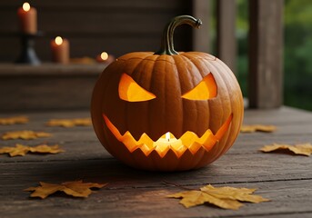 A carved pumpkin with a glowing face sits on a wooden porch, lit by candles.