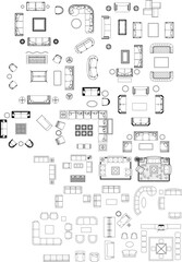 A large collection of black and white line art top-view illustrations of living room furniture, including sofas, tables, and various seating arrangements.