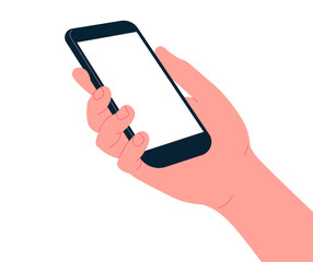 Flat illustration with male hand holding smartphone isolated on a white background