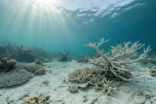 White bleached coral reef underwater showing environmental damage