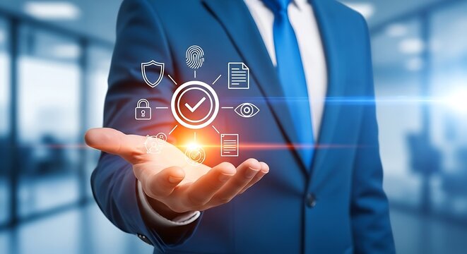 Businessman holding a hologram with icons representing compliance, security, and quality control in a modern office setting