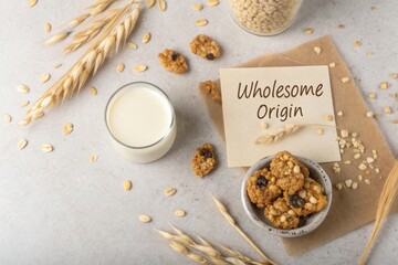 Flat lay image of oat milk and granola for a healthy breakfast